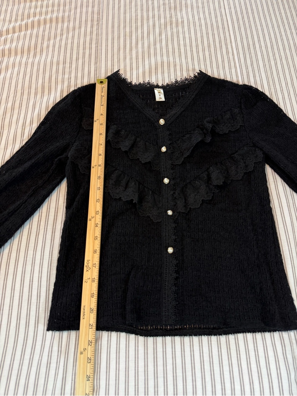 Vintage Black Lace Ruffle Blouse Women’s Medium Pearl Button Cottagecore Top - Picture 6 of 13